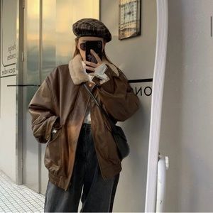 Fluffy Collar Faux Leather Jacket